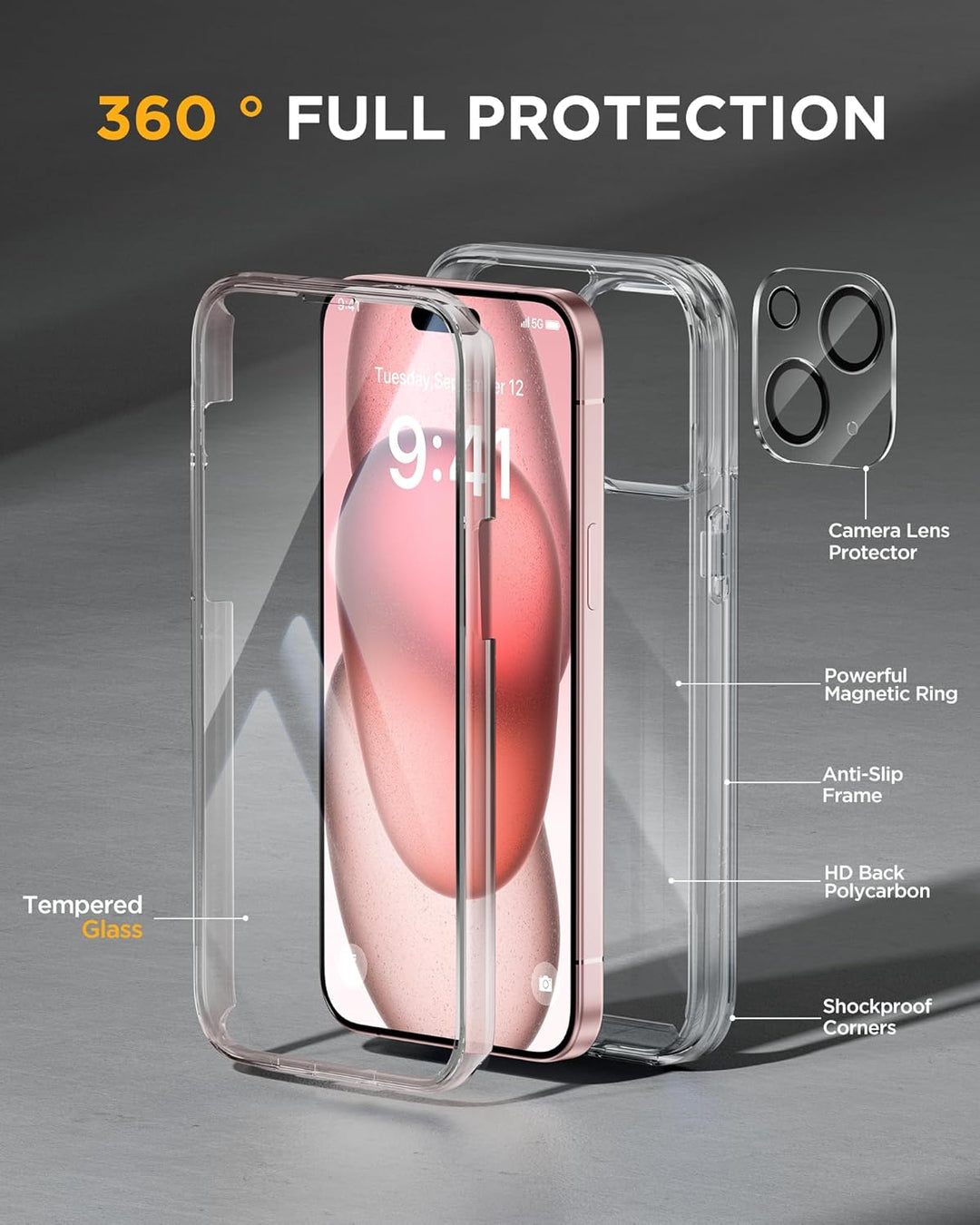 Miracase 360 Grad für iPhone 15 Hülle mit Eingebaut Glas Schutzfolie und Kameraschutz, Stossfest Kom