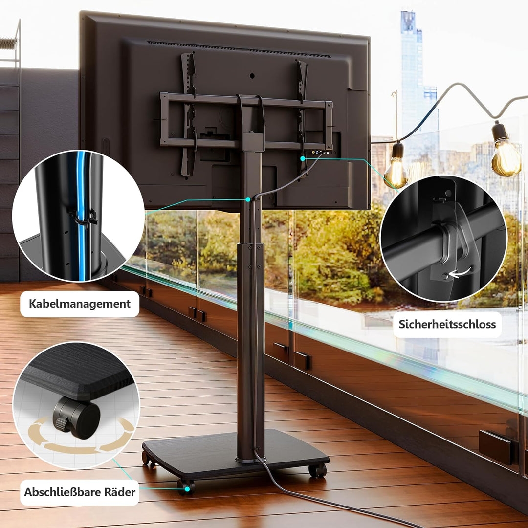 FITUEYES TV Bodenständer Rollbar mit Holzablage TV Standfuss TV Ständer Fernsehstand mit Rollen höhe