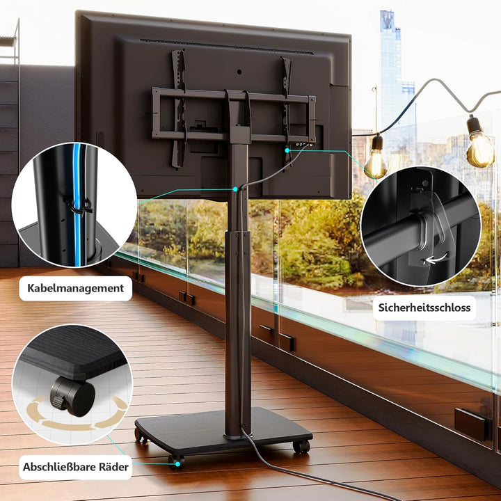 FITUEYES TV Bodenständer Rollbar mit Holzablage TV Standfuss TV Ständer Fernsehstand mit Rollen höhe