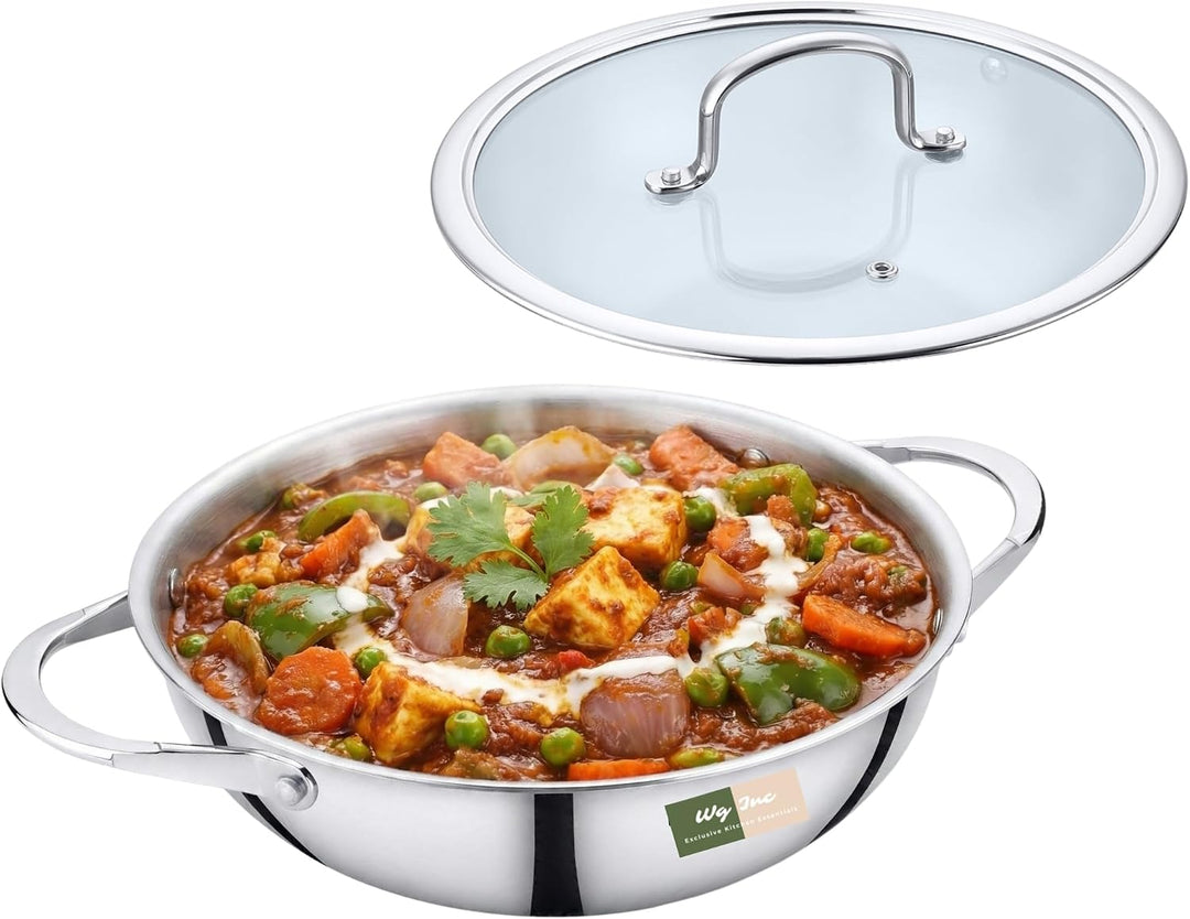 Edelstahl-Wok mit Deckel, alles verkleidete, dreilagige Kadhai, Pfanne zum Rühren, Eintöpfe, Saucen,