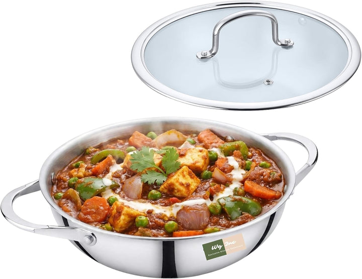 Edelstahl-Wok mit Deckel, alles verkleidete, dreilagige Kadhai, Pfanne zum Rühren, Eintöpfe, Saucen,