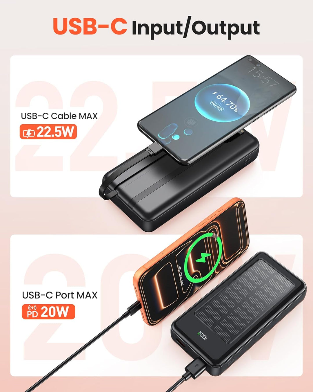 Solar Powerbank 27000mAh, Power Bank mit 2 Kabeln, 22,5W Schnelllade Powerbank Tragbares Ladegerät g