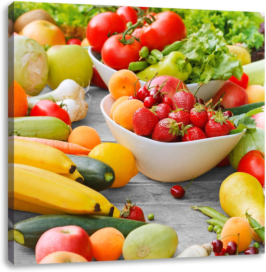 Pixxprint Buntes Obst und Gemüse Schwarz/Weiss, Format: 70x70 auf Leinwand, 70x70