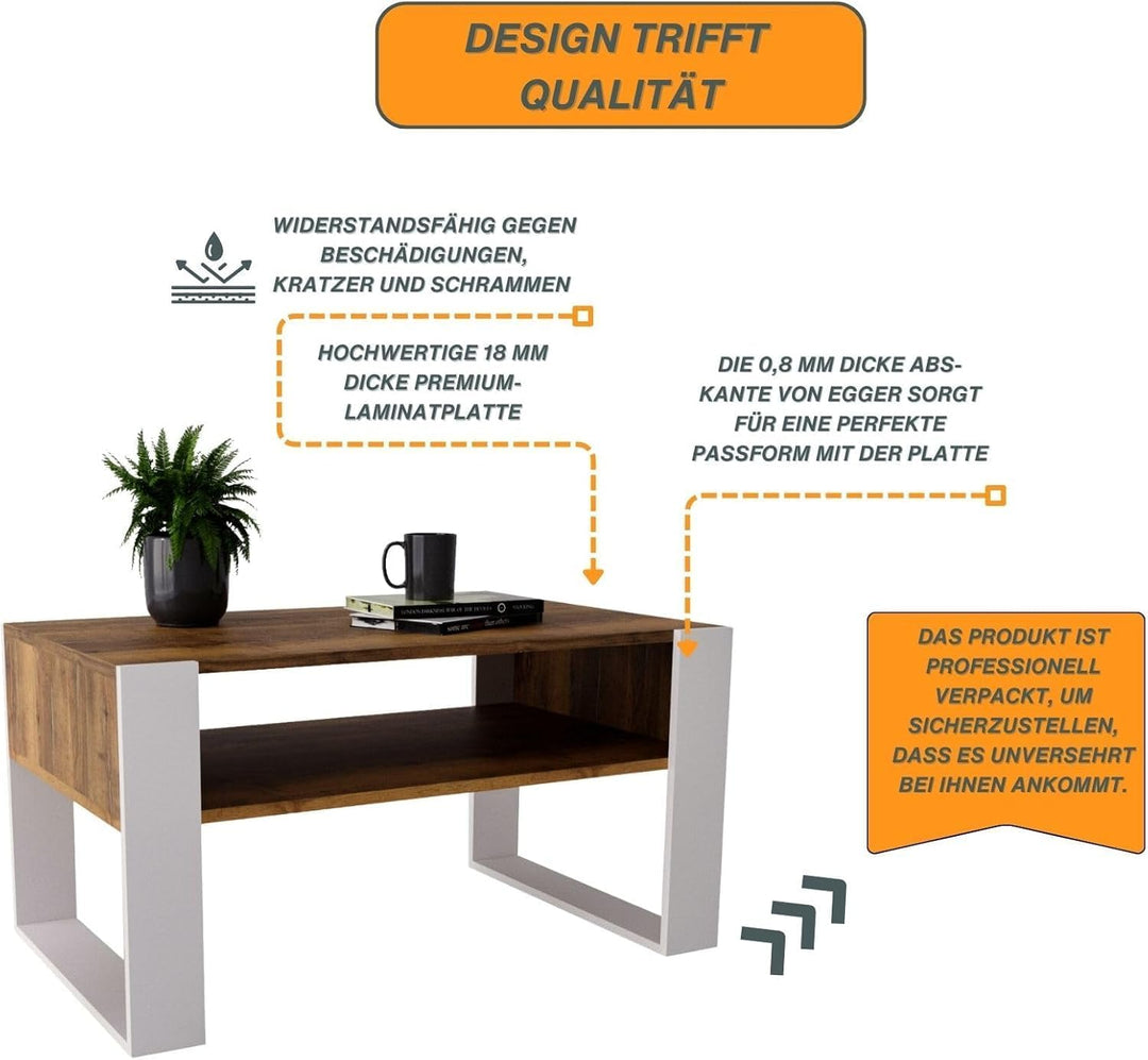 CraftPAK Wohnzimmer Tisch für Couch aus hochwertigem Holz, moderner Couchtisch mit zusätzlicher Abla
