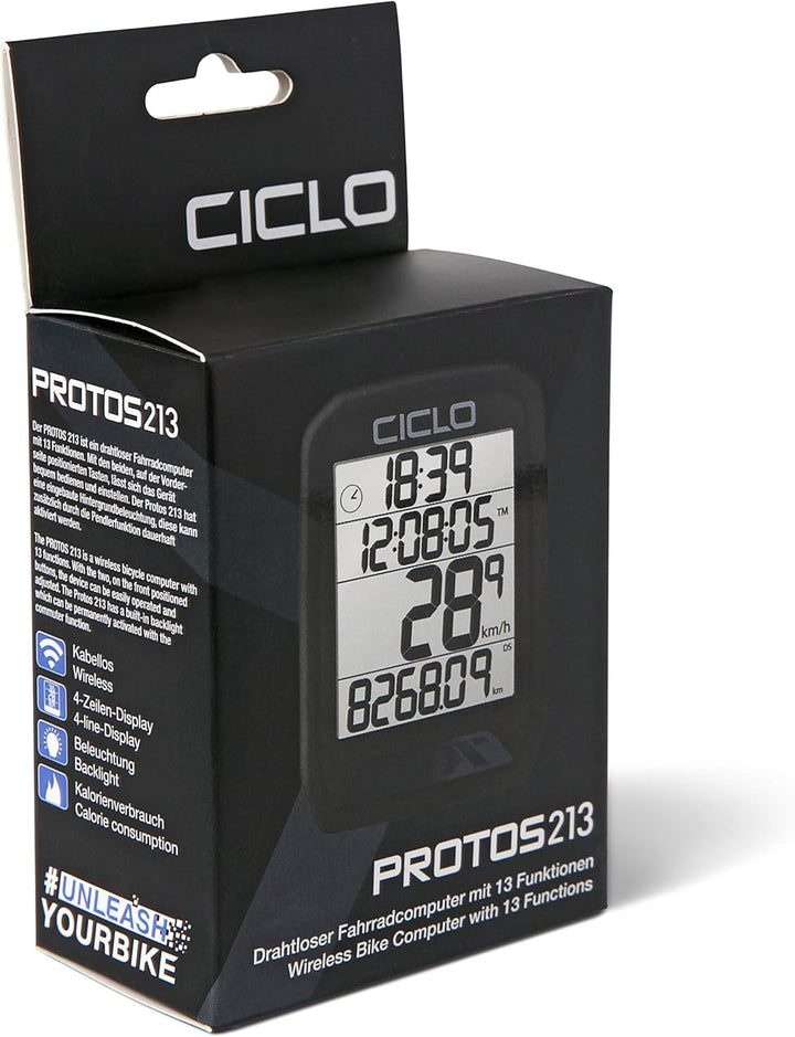 CICLO PROTOS 213 drahtloser Fahrradcomputer, mit 13 Funktionen in schwarz, in schwarz