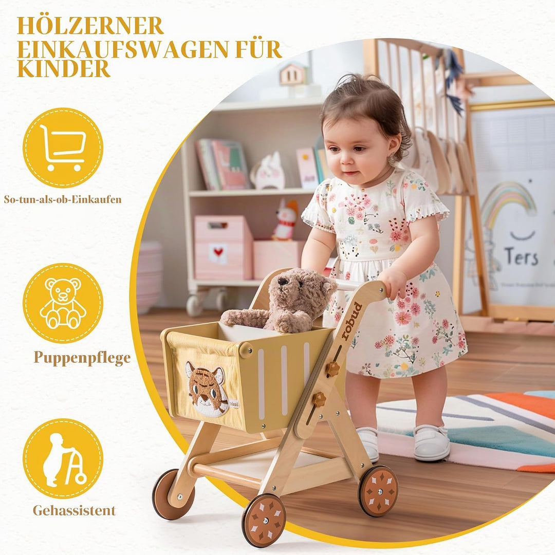 ROBUD Einkaufswagen aus Holz für Mädchen und Jungen, Baby Push Walker, höhenverstellbarer hölzerner