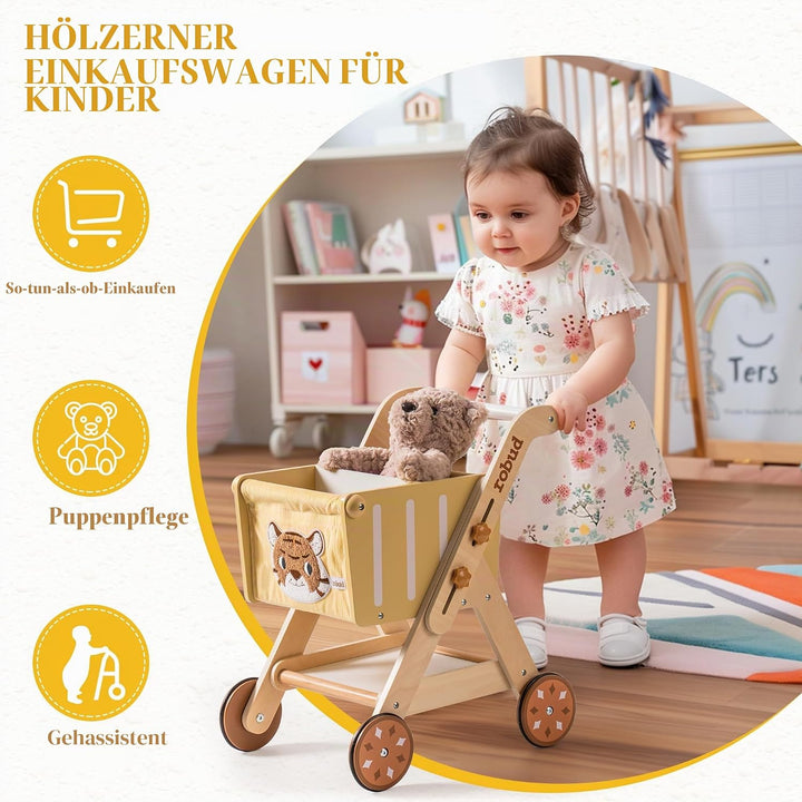 ROBUD Einkaufswagen aus Holz für Mädchen und Jungen, Baby Push Walker, höhenverstellbarer hölzerner