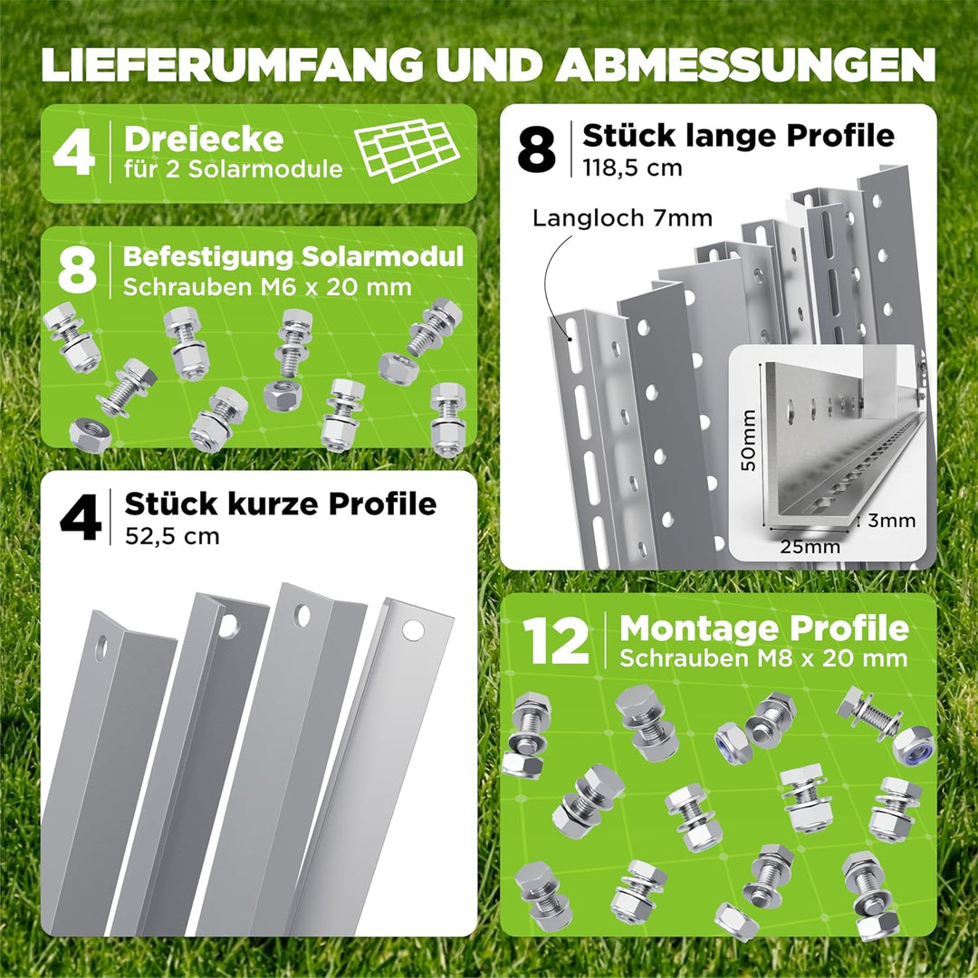 Drei Eichen - 4x Balkonkraftwerk Halterung.118cm stabiles 3mm Aluminiumprofil mit hochwertigen Edels