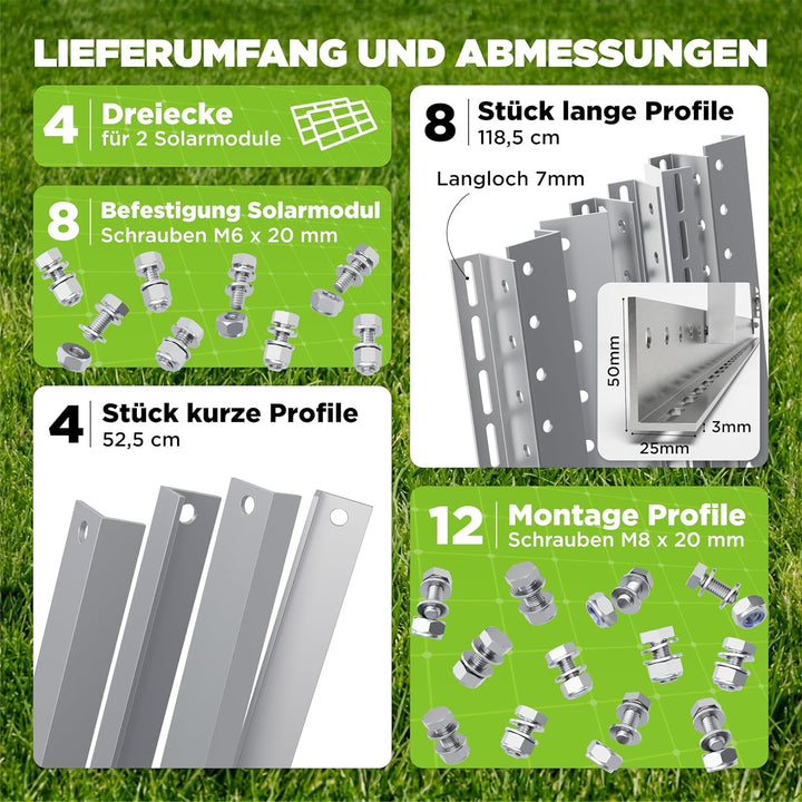 Drei Eichen - 4x Balkonkraftwerk Halterung.118cm stabiles 3mm Aluminiumprofil mit hochwertigen Edels