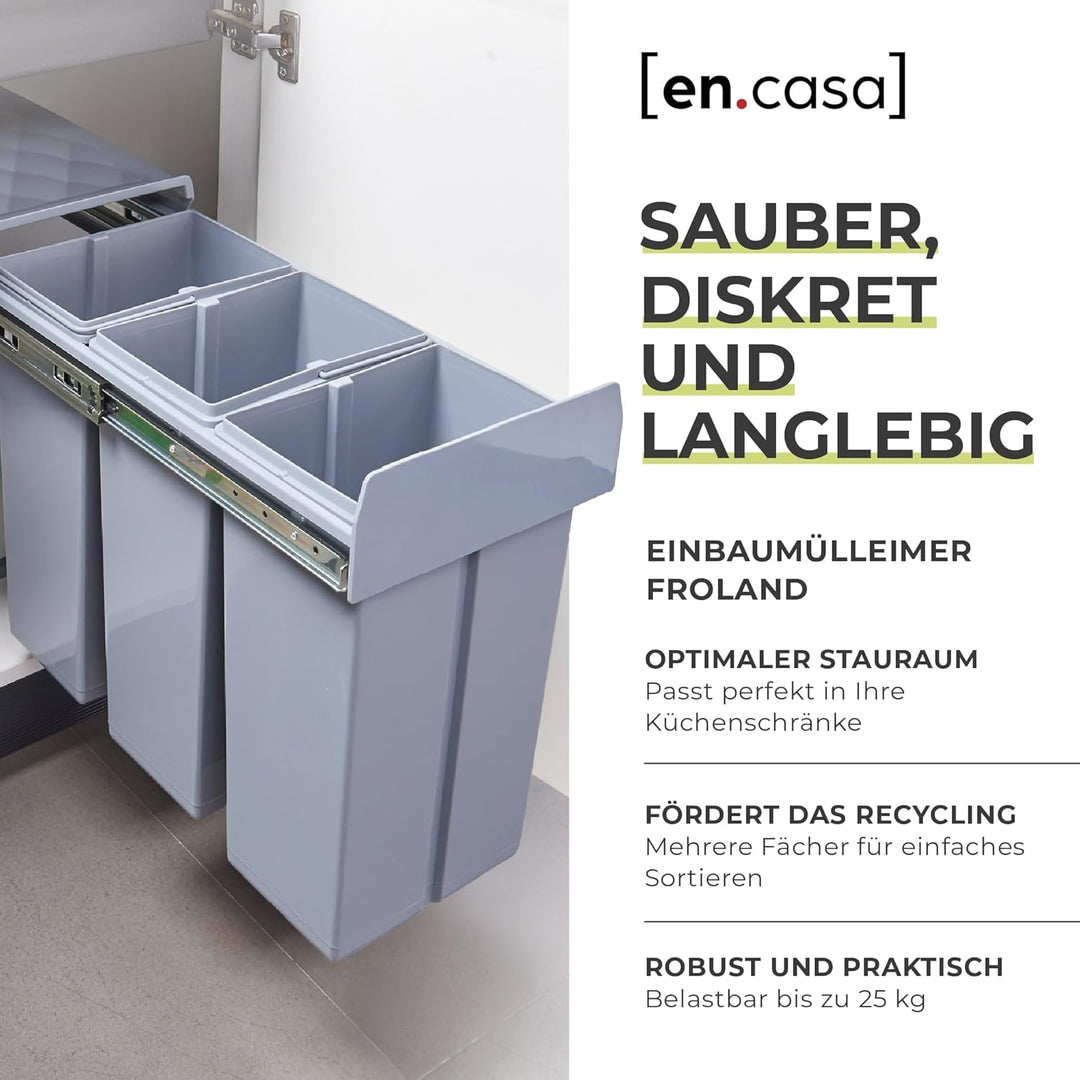 [en.casa] Einbau-Mülleimer Froland Abfallsortierer Ausziehbarer Müllsammler 3 Herausnehmbare Fächer