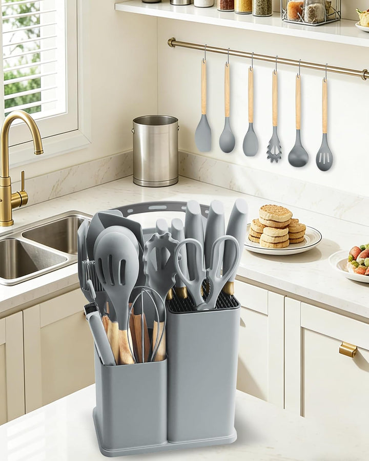Küchenmesser Set 19-teilig – Küchenutensilien Set mit 5 Messer und 12 Silikon Küchenutensilien, Schn