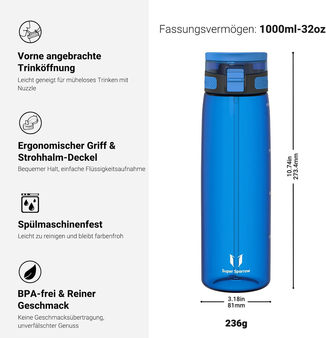 Super Sparrow Trinkflasche - TouchSip Wasserflasche - 500ml, 750ml, 1000ml - BPA-frei - Ideale Sport