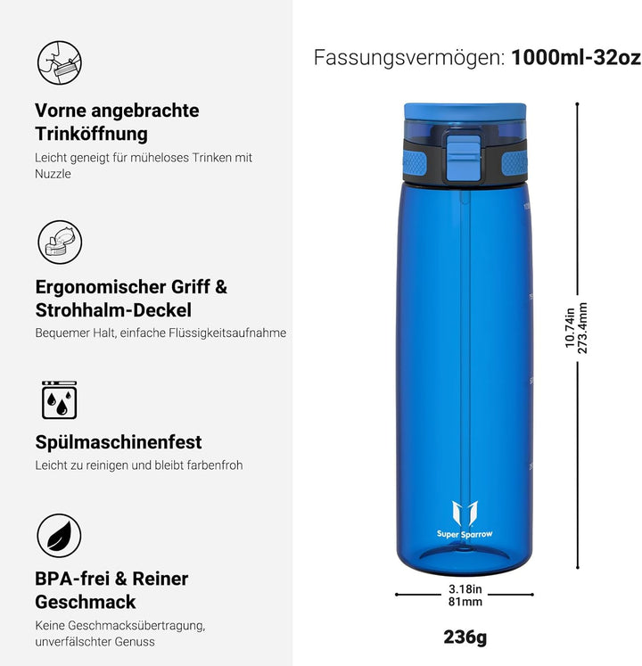 Super Sparrow Trinkflasche - TouchSip Wasserflasche - 500ml, 750ml, 1000ml - BPA-frei - Ideale Sport