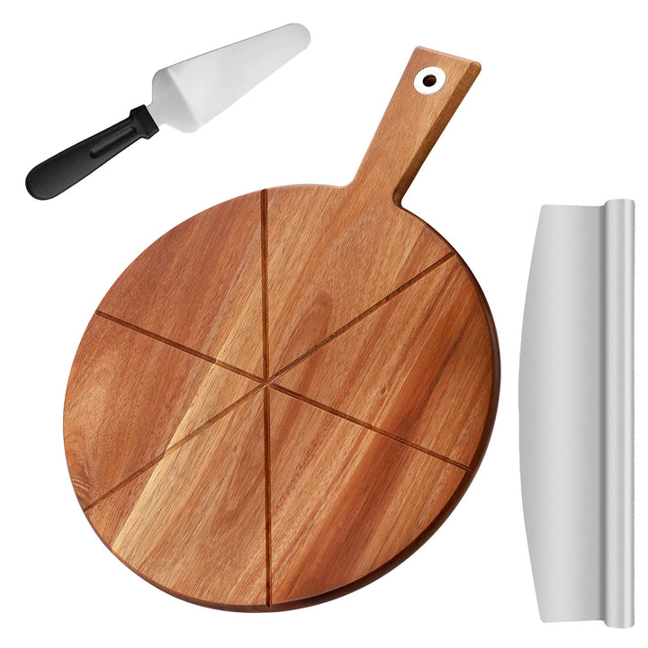 Pizzabrett Akazienholz, TJ POP 30 x30 cm Pizzateller Pizzaschneidebrett mit Pizzaschneider und Pizza