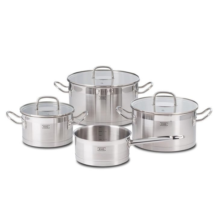 KHG Topfset 4-teilig Edelstahl Induktion Kochtopf 16 cm, 20 cm, 24 cm mit Glasdeckel, 16 cm Kasserol