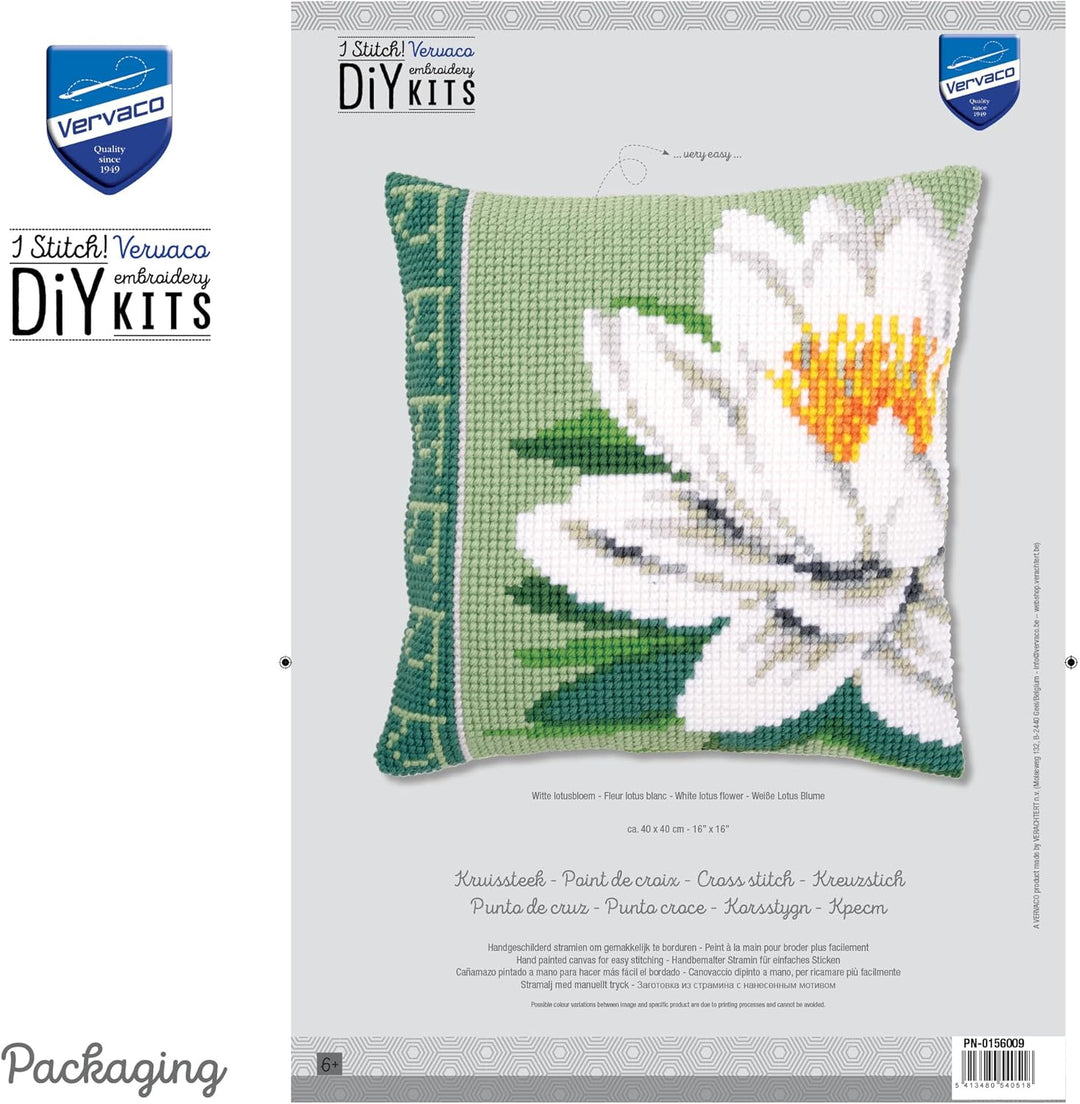 Vervaco Kreuzstichkissen weisse Lotus Blume Kreuzstickpackung vorgedruckt, Stramin, 40 x 40 x 0,3 cm