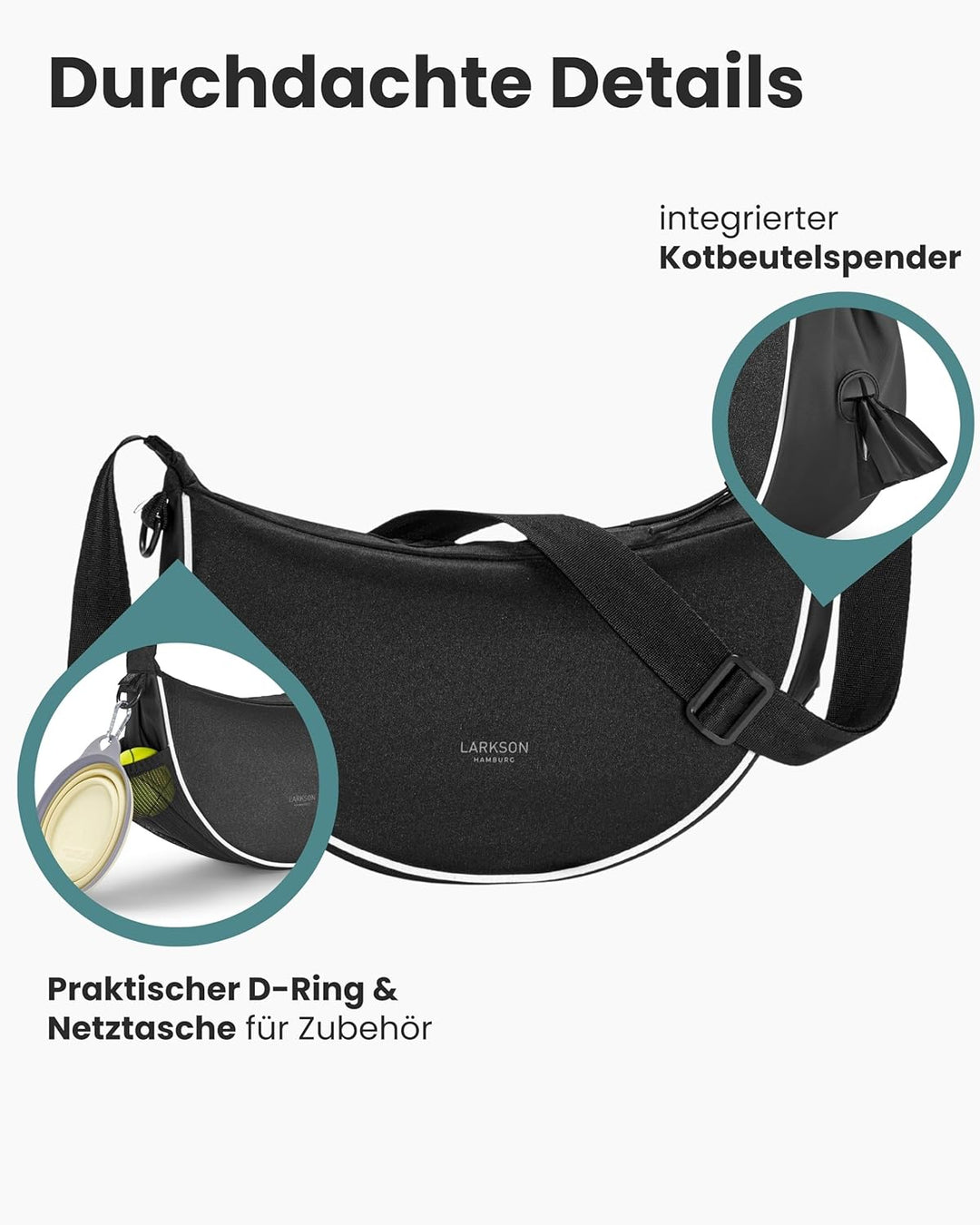 LARKSON Half Moon Bag Hundetasche Schwarz - Fiete - Umhängetasche für Gassi Gehen - Leckerlitasche m