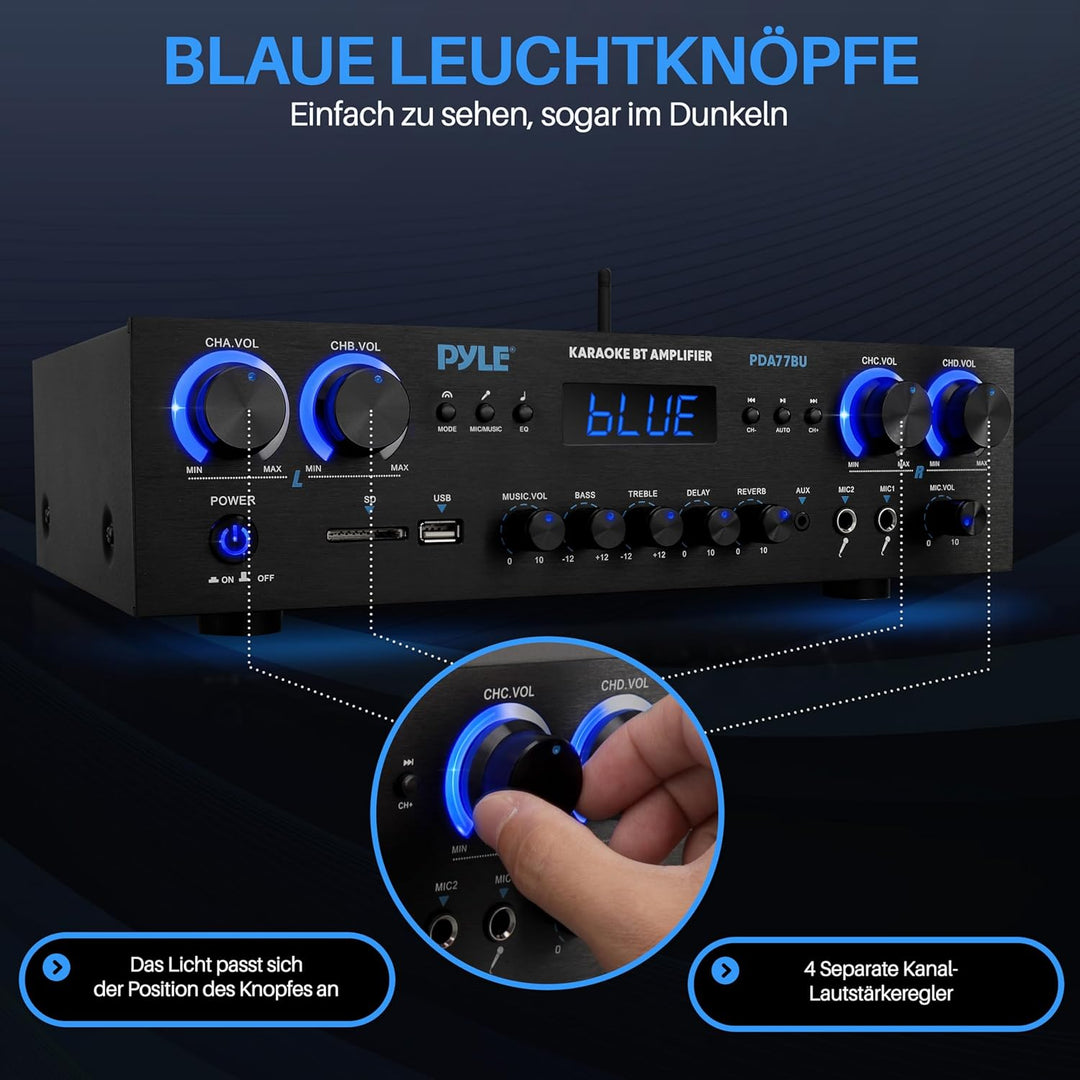 Pyle Amplifier, 800W Bluetooth Verstärker – 4-Kanal Mini Amp mit MP3, USB, AUX, SD, Mikrofon, FM, RC