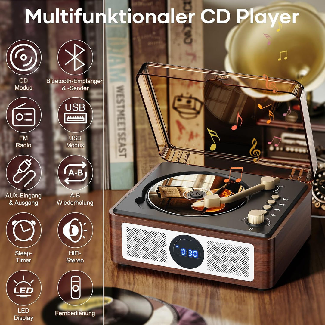 Bluetooth CD Player Tragbar mit Fernbedienung - Retro CD Spieler Klein mit FM-Radio,Lautsprecher,und