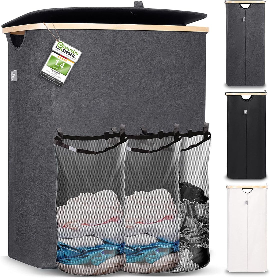 Hennez Wäschebox 150L - Wäschekorb 3 Fächer - Deckel - Wäschesortierer mit Wäschesack - Laundry Bask