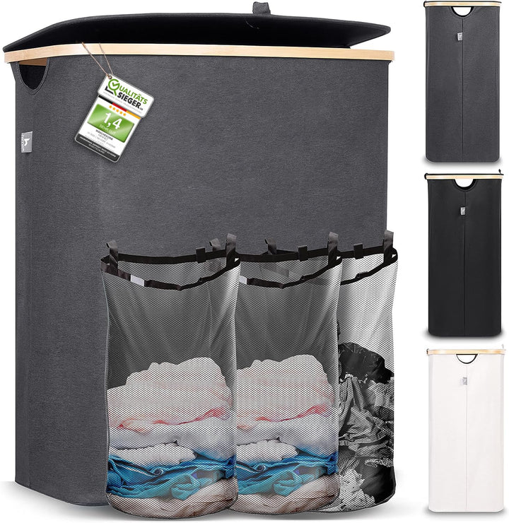 Hennez Wäschebox 150L - Wäschekorb 3 Fächer - Deckel - Wäschesortierer mit Wäschesack - Laundry Bask