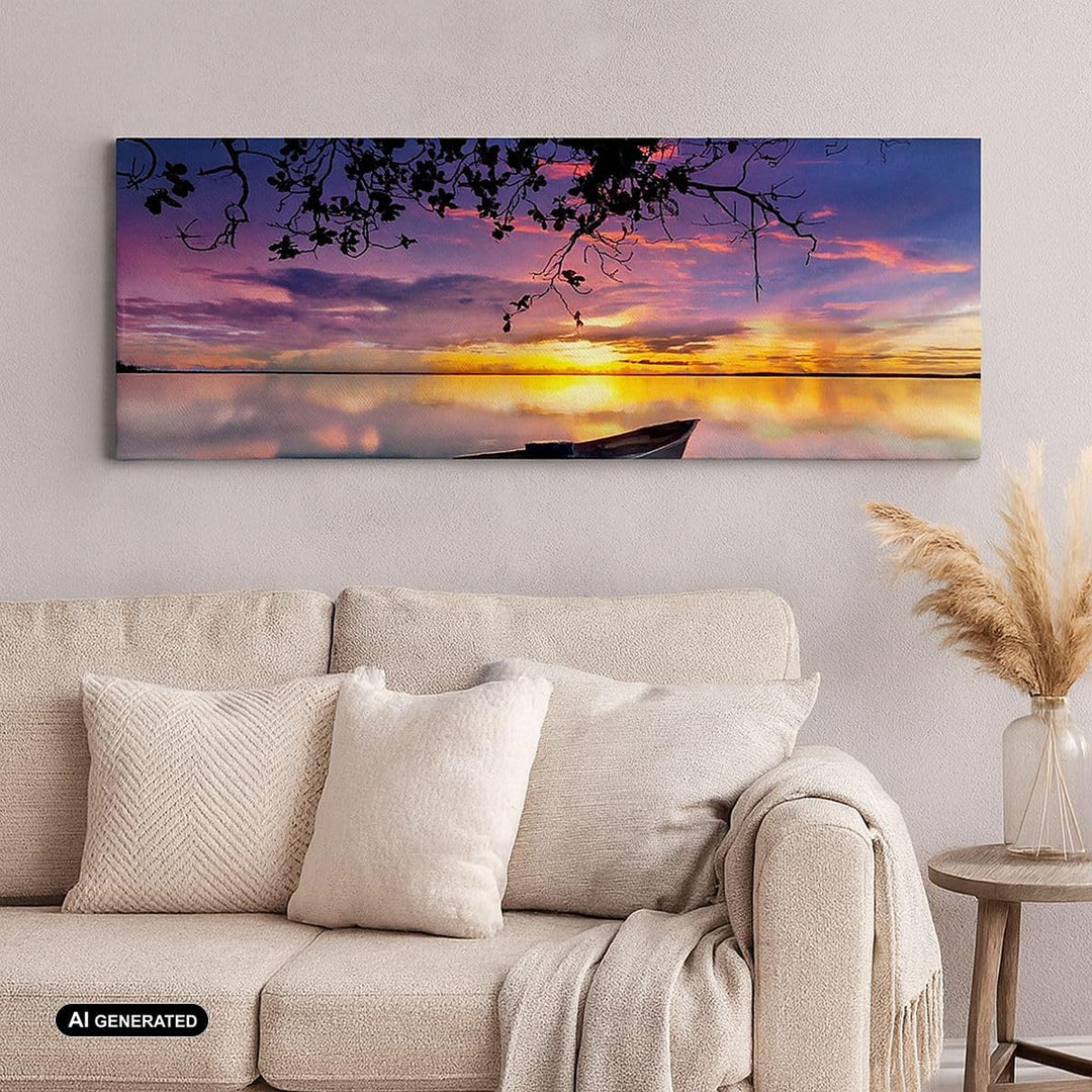 Wandbilder Dekoration Wohnzimmer Boot Sonnenuntergang See Himmel Panorama Bilder auf Leinwand 120x50