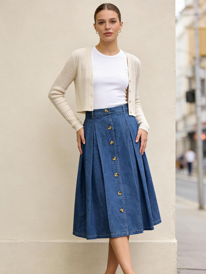 JayscreateEU Damen Rock mit Midirock, Langrock, Hoher Taille, Knielang, A-Linie, Mit Taschen - Somme