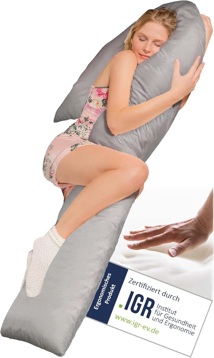 Traumreiter Seitenschläferkissen Visco J XL mit Bezug Grau, Memory Foam & Watte Hybrid Wendekissen.