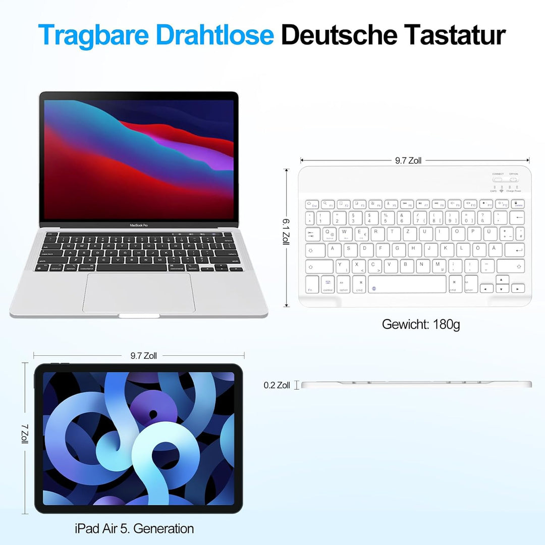ZOYU Bluetooth Tastatur mit QWERTZ Layout für iPad Air, Pro, 10,2, 9,7, Mini, Tablets, PC, Windows,