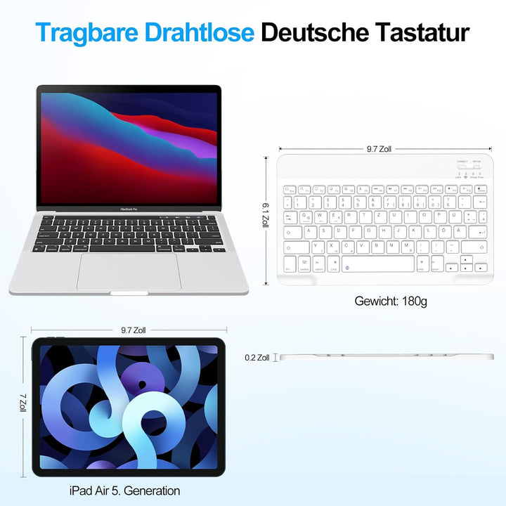 ZOYU Bluetooth Tastatur mit QWERTZ Layout für iPad Air, Pro, 10,2, 9,7, Mini, Tablets, PC, Windows,