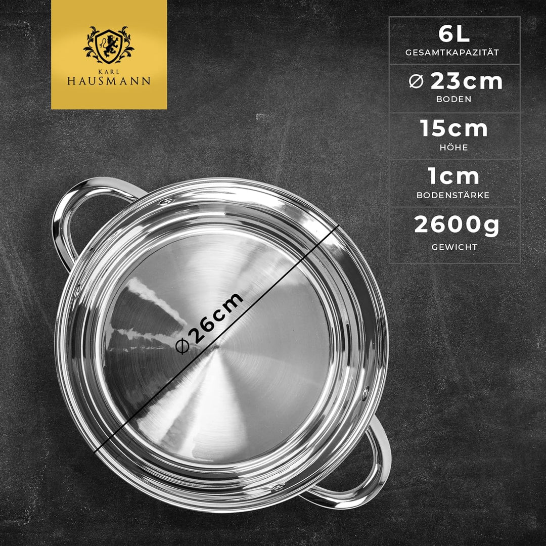 KARL HAUSMANN Edelstahl Topf - 6L - Ø 26 cm - kompakter Kochtopf Induktion mit Deckel, Messskala für