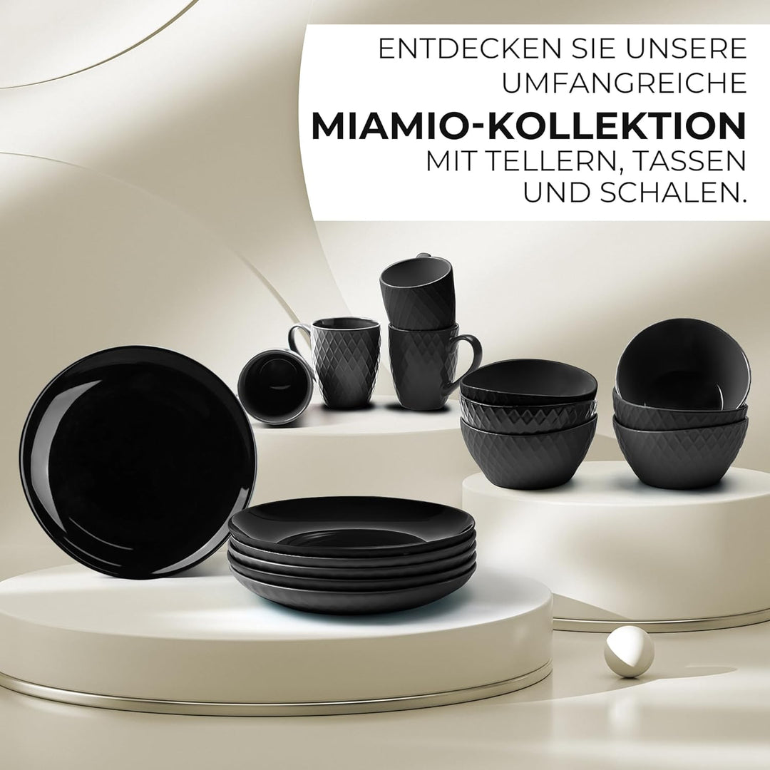 MIAMIO - 6er Geschirrset/Teller Set modern aus Keramik für 6 Personen - Palmanova Kollektion (Schwar