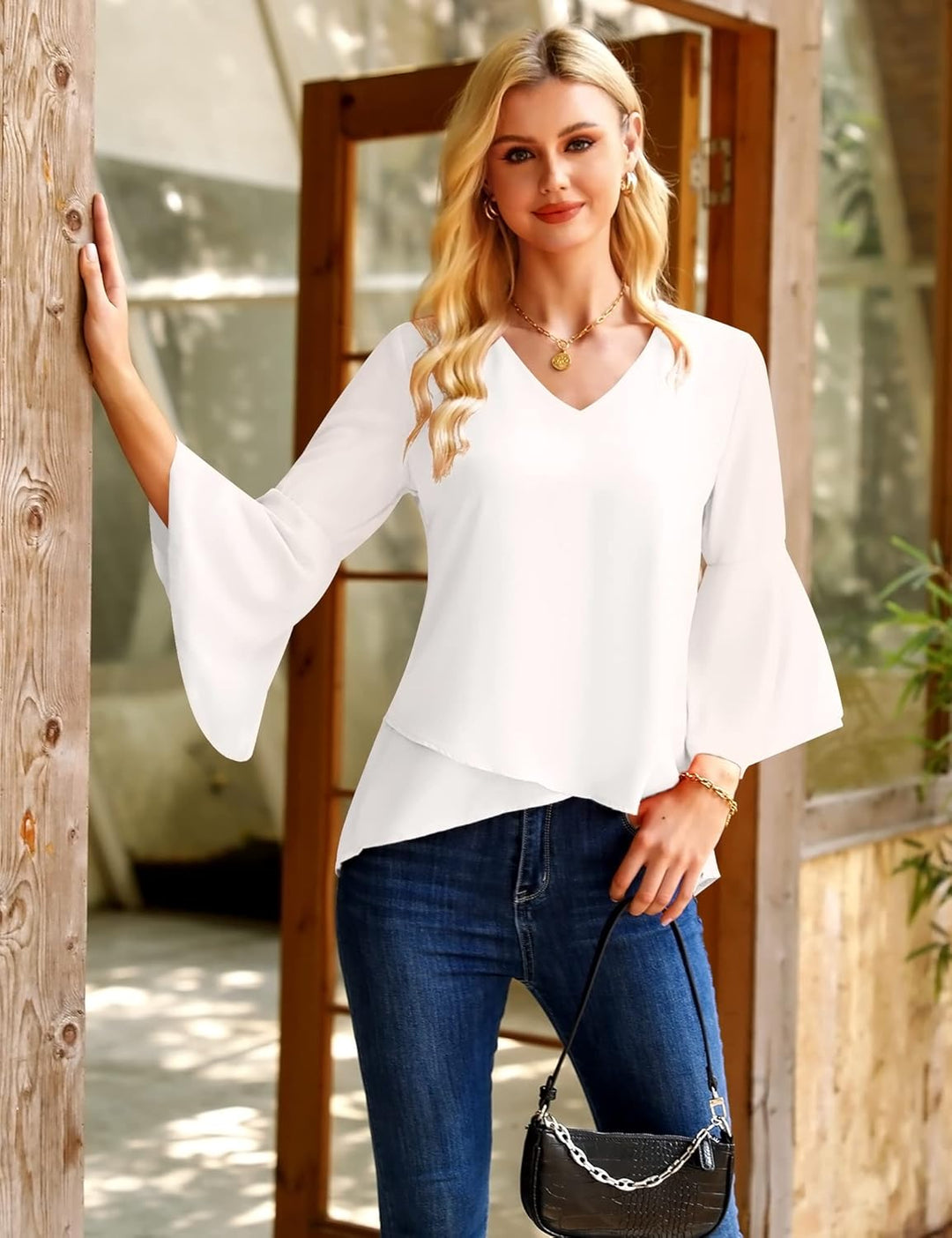 Gyabnw Damen Chiffon Bluse Volantärmeln Tunika 3/4 Arm Elegant Chiffontunika Festlich Chiffon Bluse