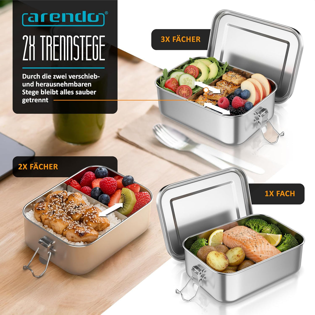 Arendo - Lunchbox Edelstahl – Brotdose 800 ml – mit Fächern – zwei entnehmbare Trennwände - auslaufs