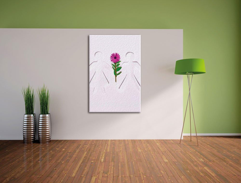 Pixxprint Strichmännchen mit Blume schwarz/weiss, Format: 80x120 auf hochkantiges Leinwand, XXL ries