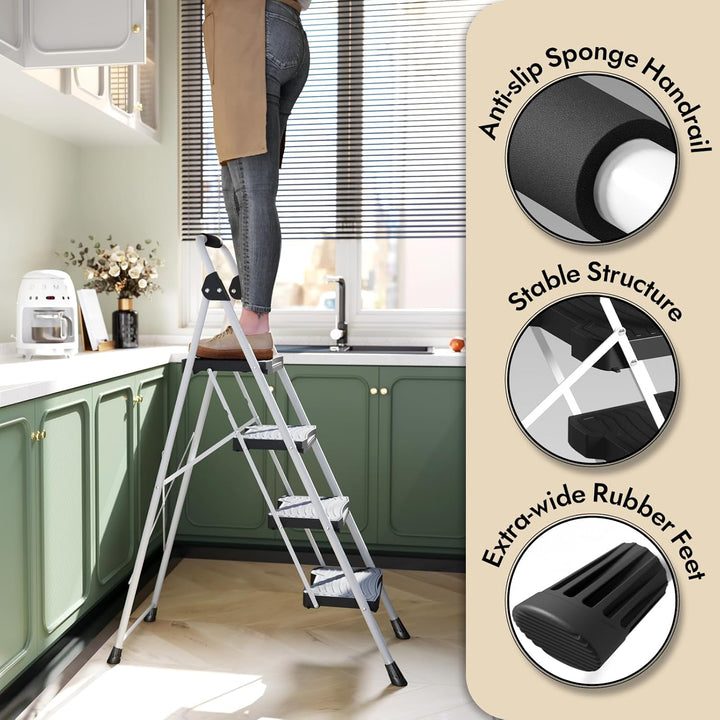 KINGRACK 4 Step Ladder, Sturdy Step Stool with Handrail, Anti-Slip Wide Pedals, Pass 900LBS Testing
