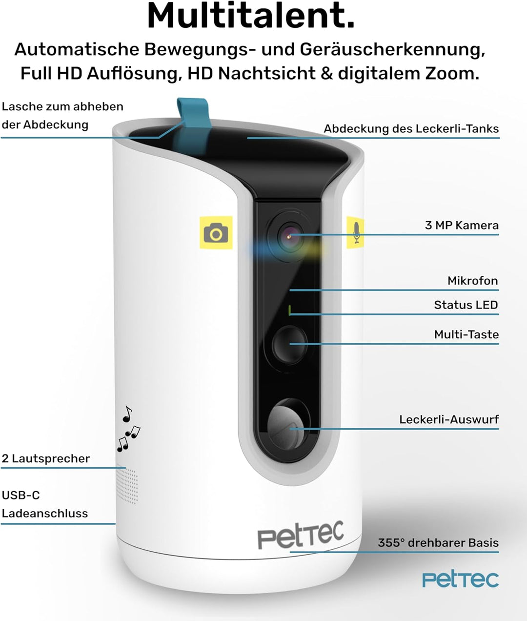 PetTec® Haustierkamera 360° und automatischer Futterspender mit Leckerliauswurf - via App & Multitas