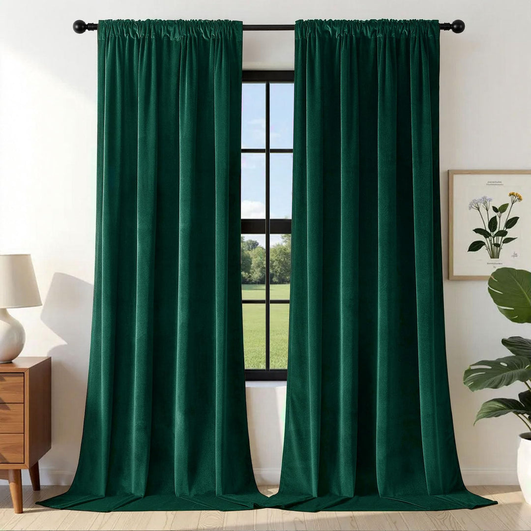 Joydeco Grüne Samtvorhänge, 243.8 cm Länge, 2 Paneele, Burg-Set, luxuriöse Stangentasche, wärmeisoli
