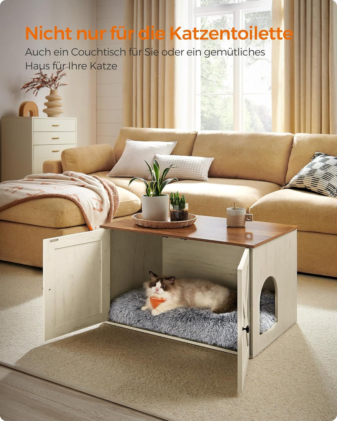 Feandrea Katzenhaus, Katzenklo-Schrank mit herausnehmbarer Trennwand, Tisch, 80 x 53 x 50 cm, honigb