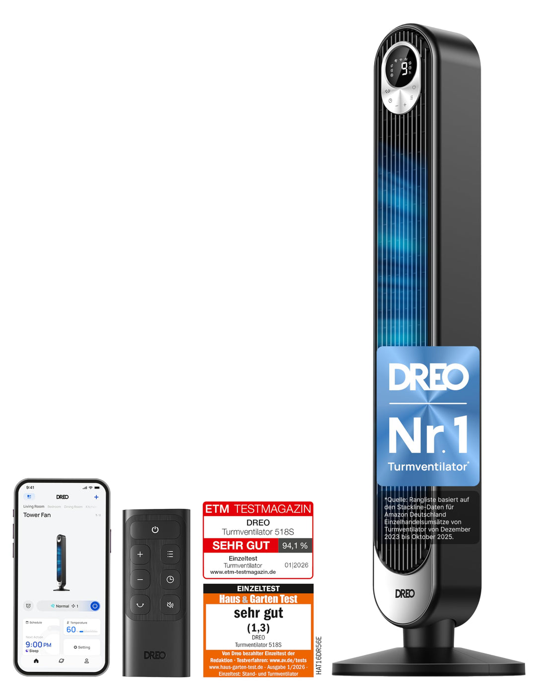 Dreo Smart Turmventilator mit WiFi Sprachsteuerung, Funktioniert mit Alexa, APP Steuerung, 90° Oszil