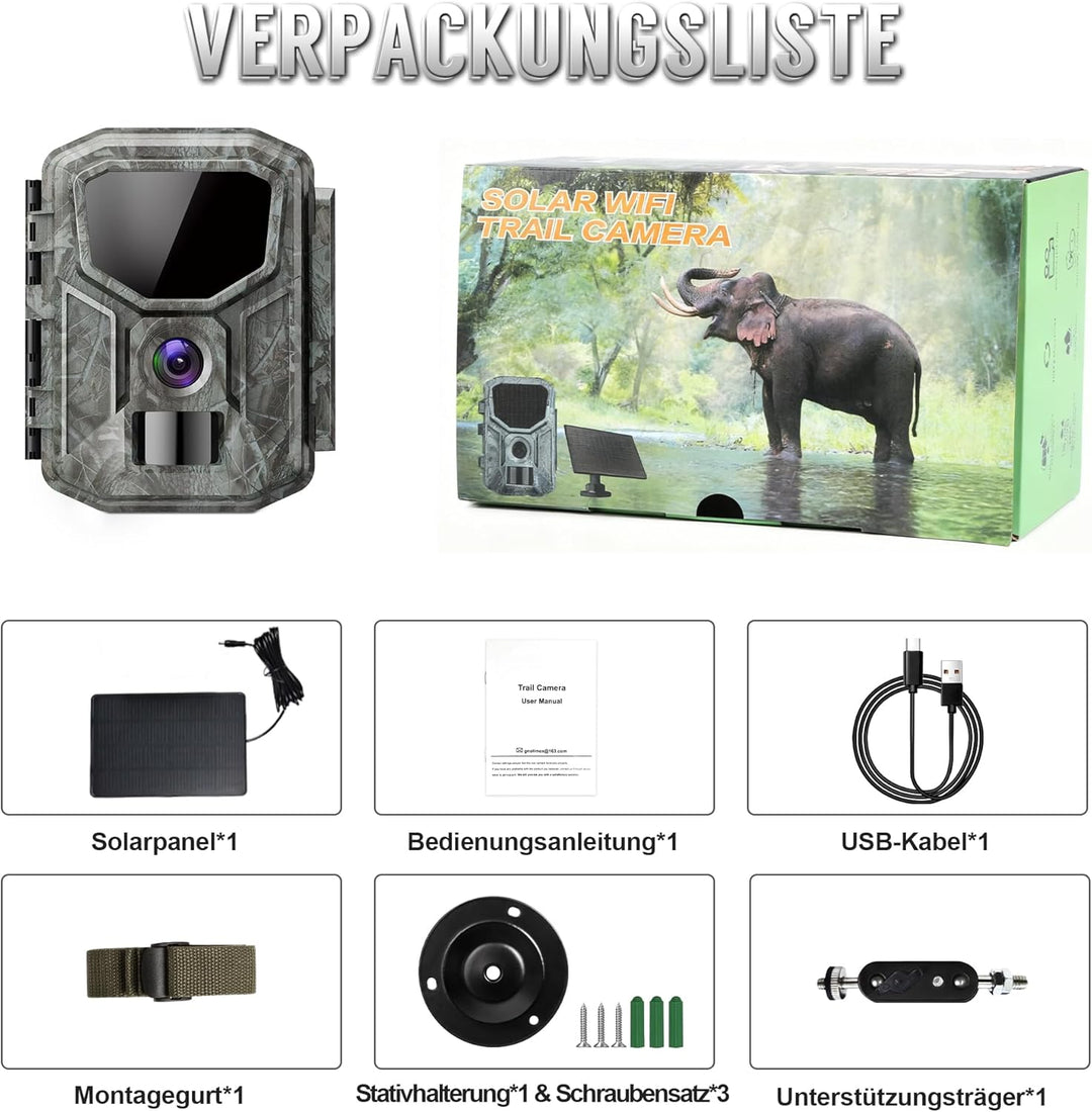 8K Solar-Wildkamera mit unbegrenzter kostenloser App, 7800mAh Akku, 850nm Nachtsicht, 0,1S Bewegungs