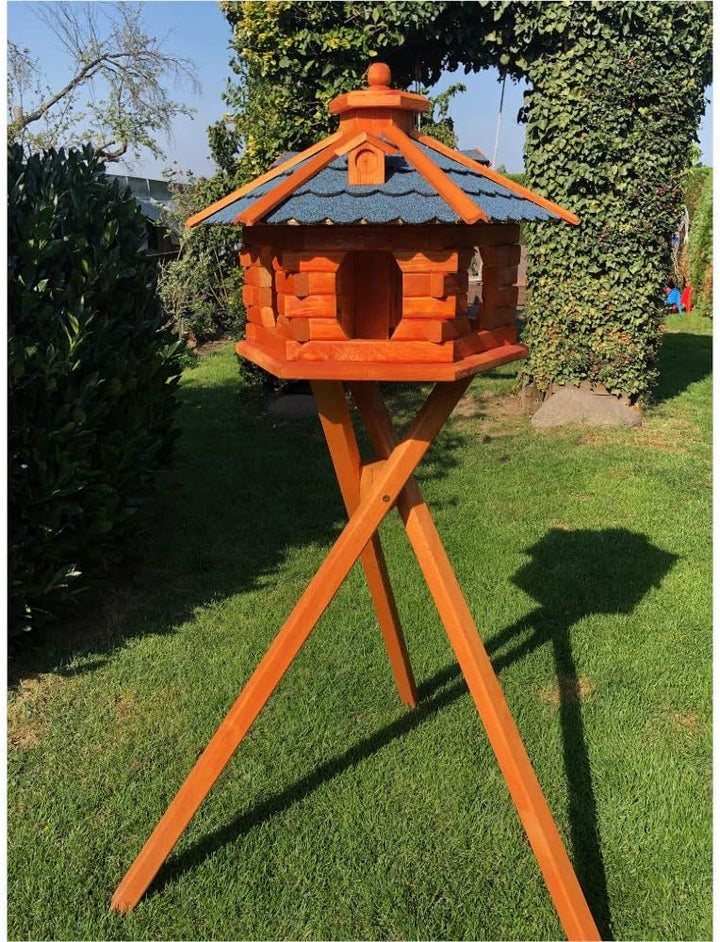 DARLUX Handgefertigtes Sechseck Vogelhaus aus Holz wetterfest M - XL mit und ohne Ständer I Futterha