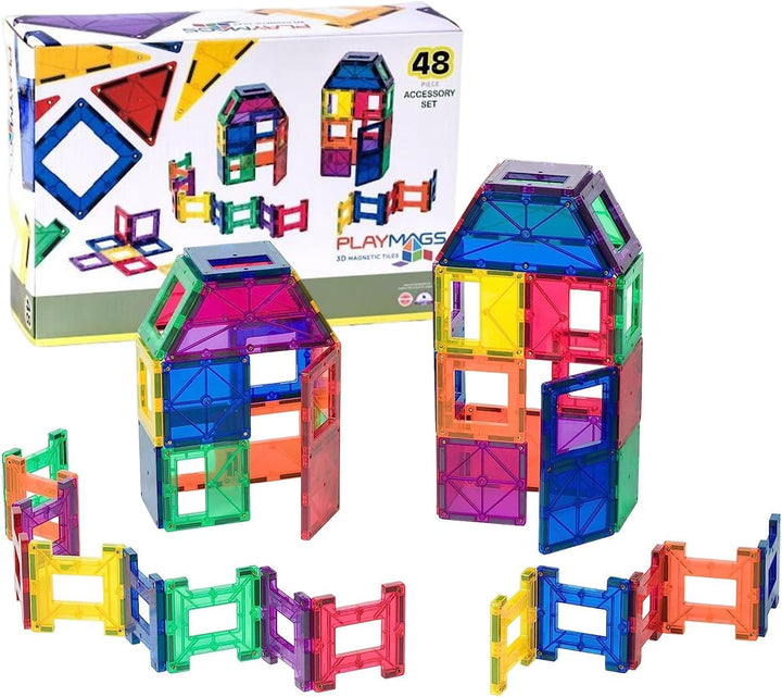 Playmags 48 Stück Set - mit stärkeren Magneten, STEM Spielzeug für Kinder, magnetische Fliesen und B