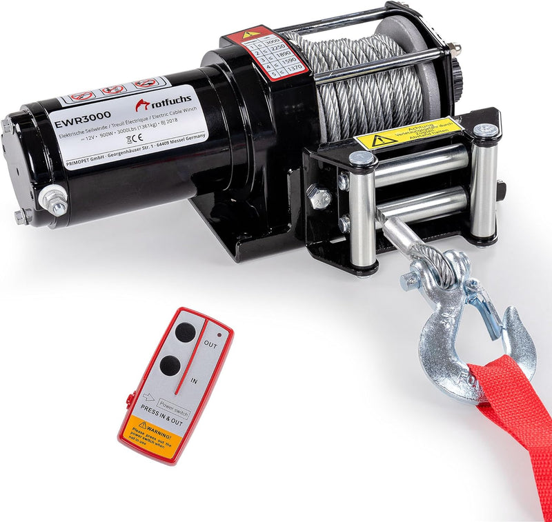 ROTFUCHS Elektrische Seilwinde 12V mit Funkfernbedienung – 1360 kg / 3000lbs Offroad Motorwinde Seil