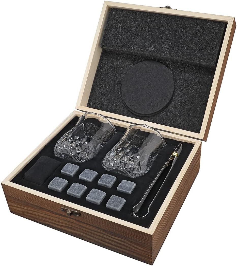 7-TLG Whisky Steine Set mit Wunschgravur - Motiv: Weltkarte - personalisierte Kiste - 2X Tumbler, 9X