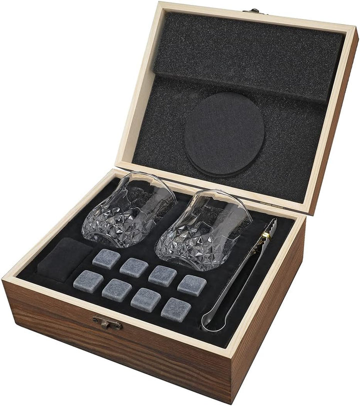 7-TLG Whisky Steine Set mit Wunschgravur - Motiv: Weltkarte - personalisierte Kiste - 2X Tumbler, 9X