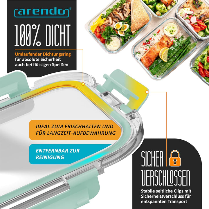Arendo - Glas Frischhaltedosen Vorratsdosen für Lebensmittel mit Deckel luftdicht - 5er Set - 1000 m