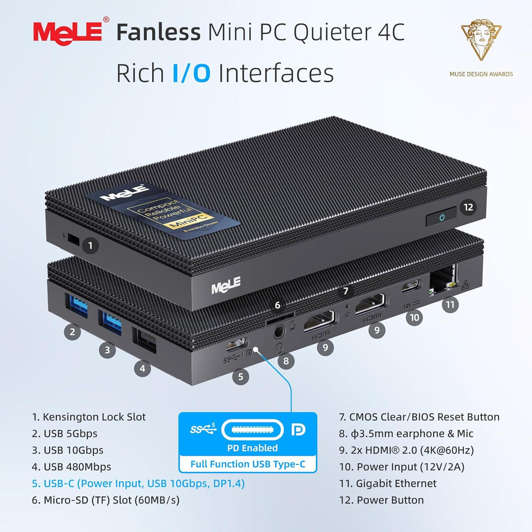 MeLE Quieter4C Lüfterloser Mini PC 12th Alder Lake N100 (bis zu 3.4GHz, 4C/4T) 16GB LPDDR4x 512GB Sc