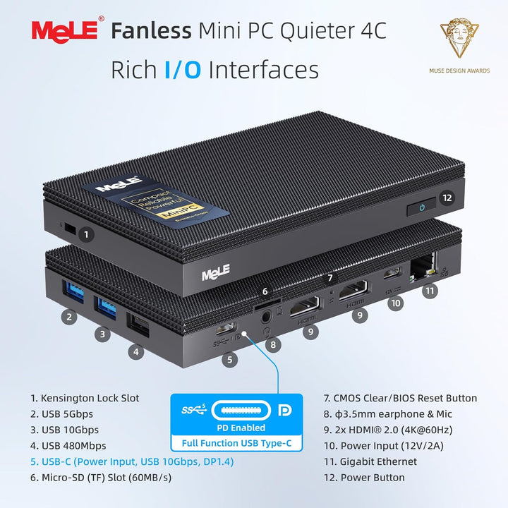 MeLE Quieter4C Lüfterloser Mini PC 12th Alder Lake N100 (bis zu 3.4GHz, 4C/4T) 16GB LPDDR4x 512GB Sc