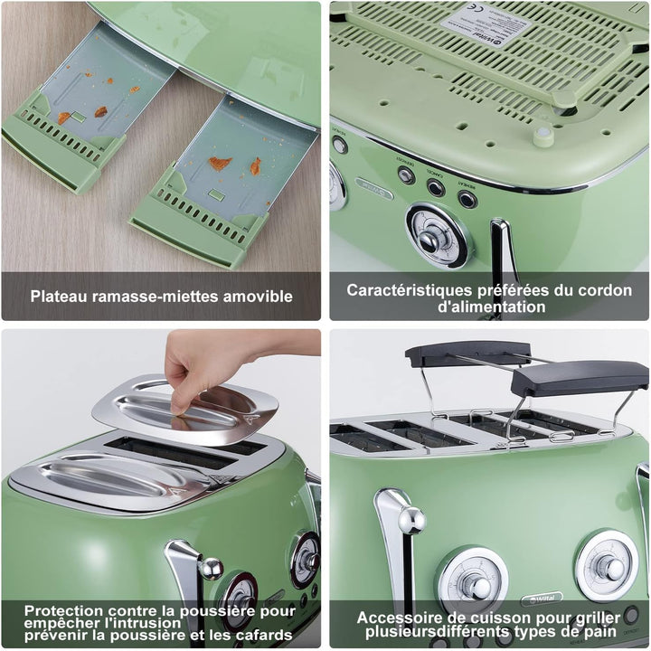 Wiltal Toaster 4 Scheiben, Toaster Langschlitz, Edelstahl Gehäuse, mit Integrierten Brötchenaufsatz,